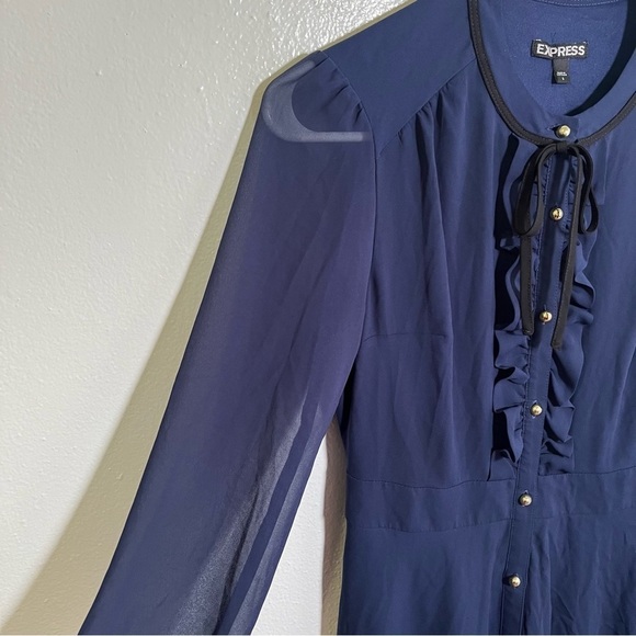 Express Button Front Dress Navy Blue Ruffle 2 - Picture 6 of 11